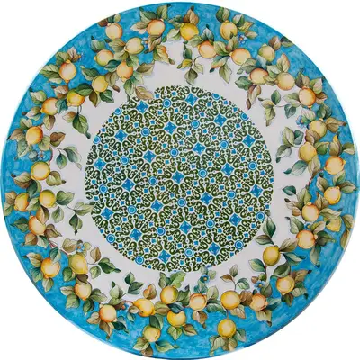 tavolo in pietra lavica rotondo con decorazione limoni dipinto a mano