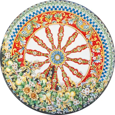 tavolo in pietra lavica decorato a mano con decorazione ruota di carretto con girasoli e limoni