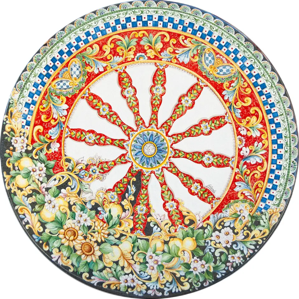 tavolo in pietra lavica decorato a mano con decorazione ruota di carretto con girasoli e limoni