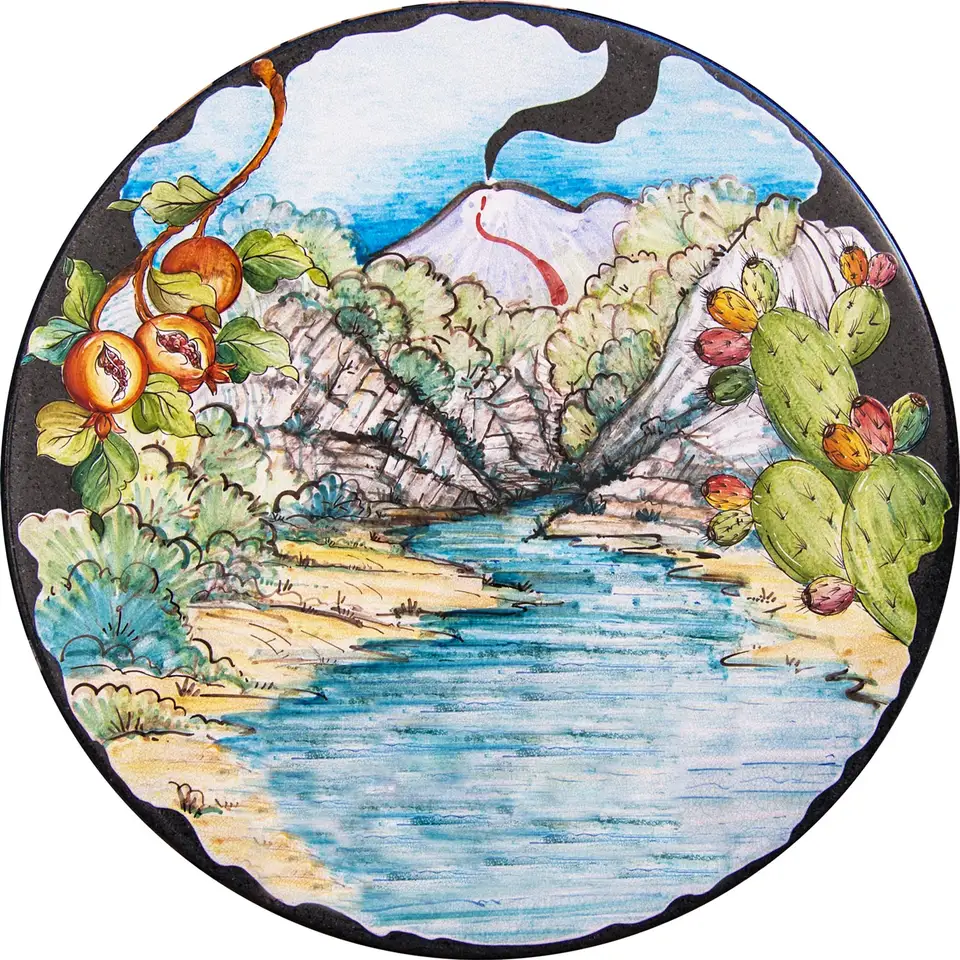 tavolo in pietra lavica decorato a mano. Dipinto Gole Alcantara