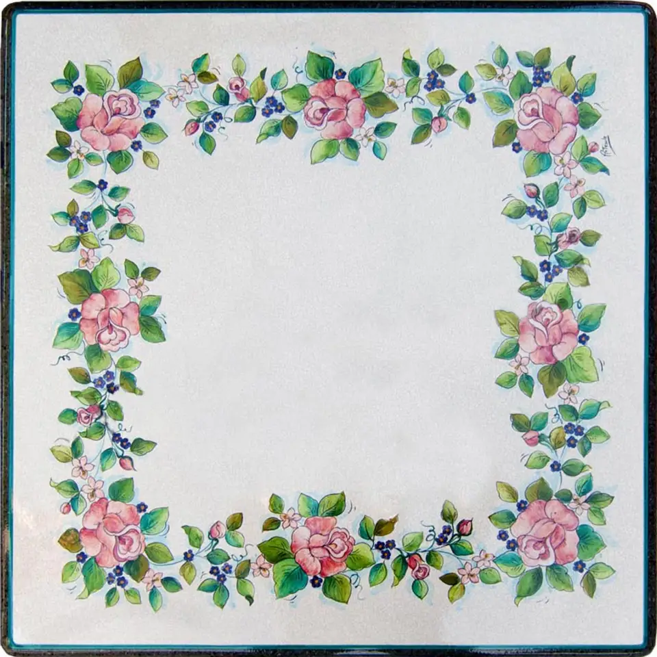 Tavolo quadrato in pietra lavica con decoro floreale, dipinto a mano