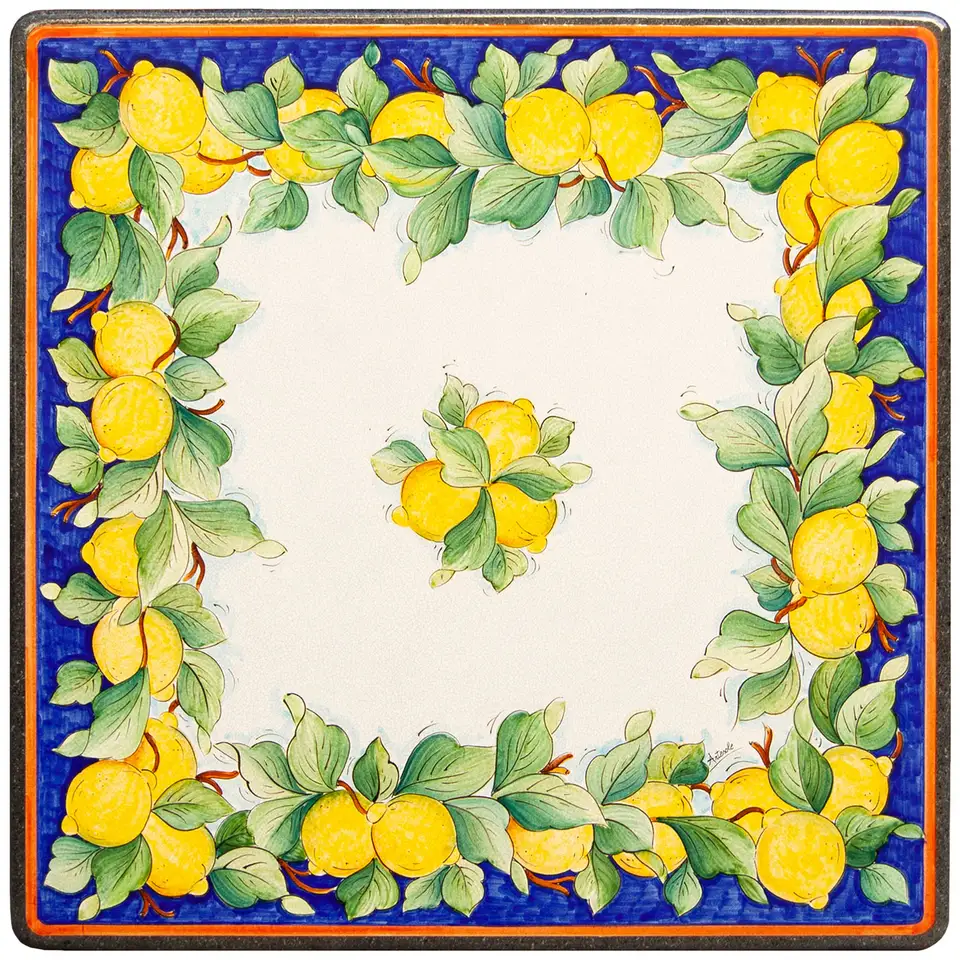 top in pietra lavica ceramizzata con decoro limoni dipinti a mano, tavolo da giardino