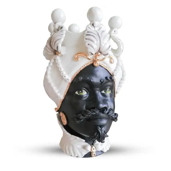 Testa di Moro h42,5 testa di moro uomo in ceramica con particolari decorati in oro zecchino terzo fuoco