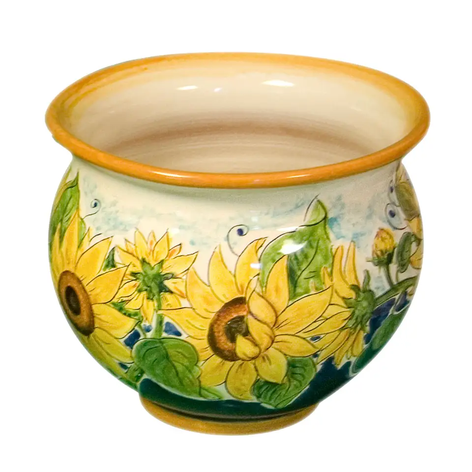 Vaso portavaso in ceramica decorata a mano con girasoli