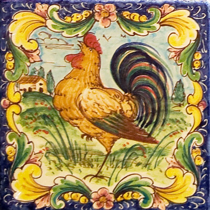 mattonella in ceramica decorata a mano con decoro gallo di Caltagirone