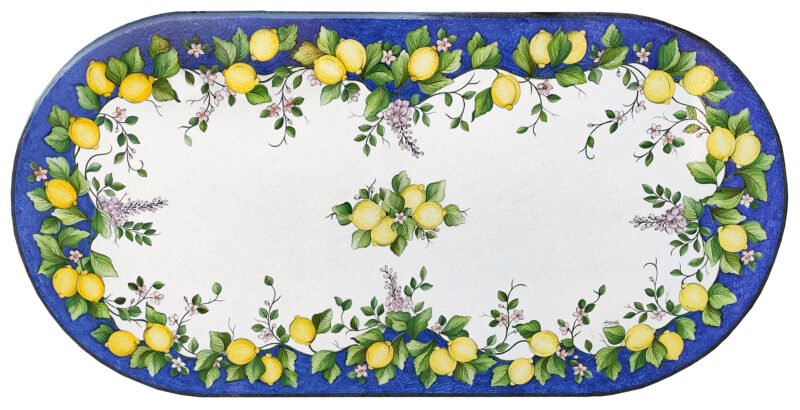 tavolo in pietra lavica con decoro limoni e glicine in blu