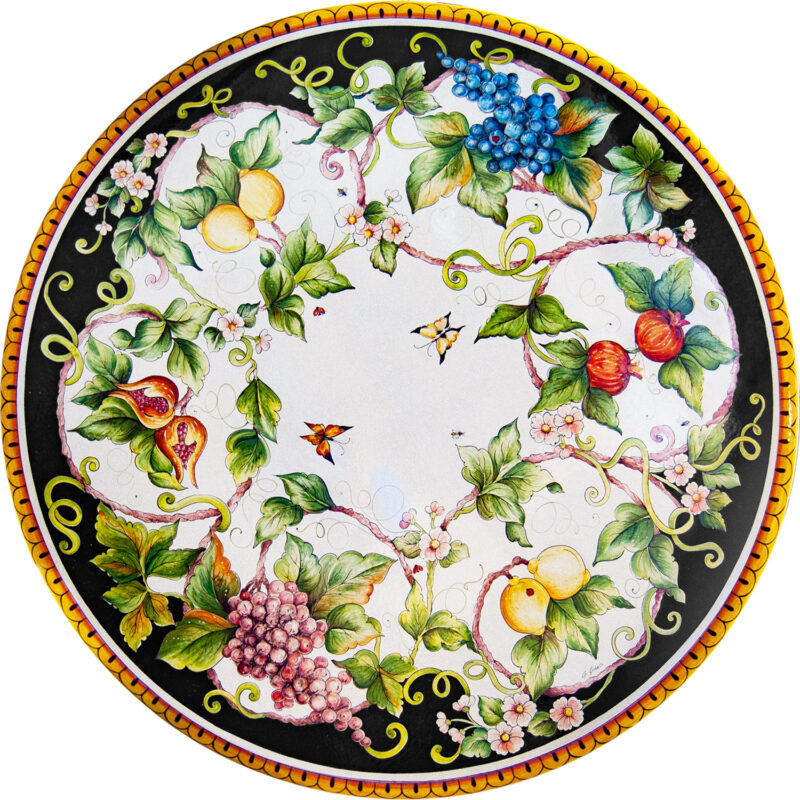 Top tavolo in pietra lavica con decoro fiori, uva, limoni e melograni dipinti a mano