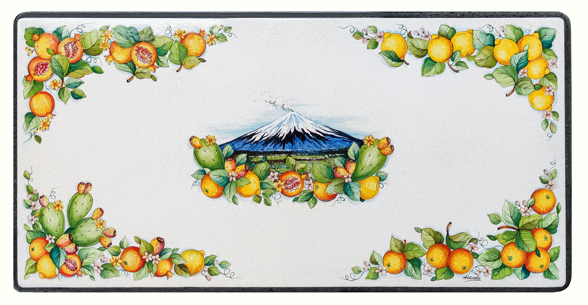 tavolo in pietra lavica decorato etna limone arance melograno fichi d india